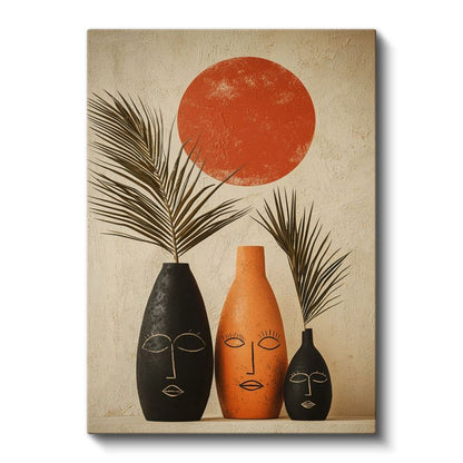 Güneş Ritüeli - Etnik Vazolar ve Palmiye Yaprakları Kanvas Tablo