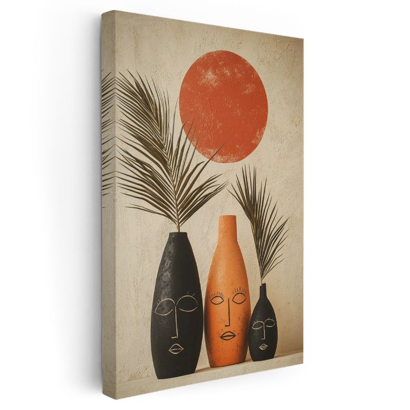 Güneş Ritüeli - Etnik Vazolar ve Palmiye Yaprakları Kanvas Tablo