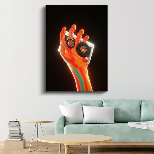 Dijital Nostalji - Neon Renkli El ve Kaset Vektörel Kanvas Tablo