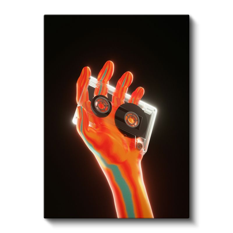 Dijital Nostalji - Neon Renkli El ve Kaset Vektörel Kanvas Tablo