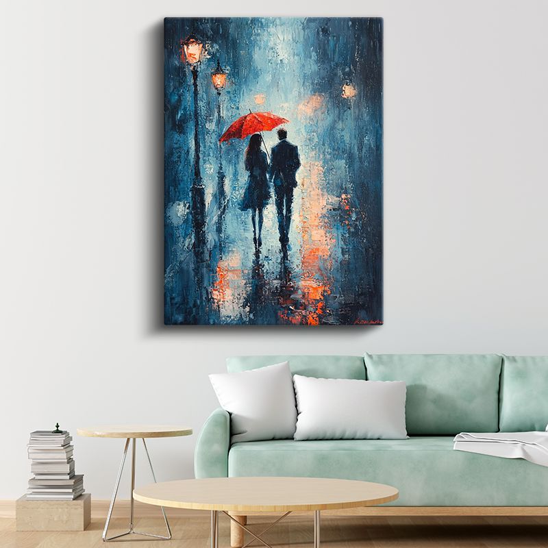 Kırmızı Şemsiye - Romantik Yağmurlu Gece Kanvas Tablo