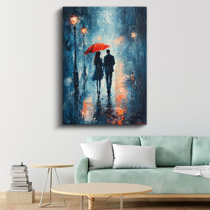 Kırmızı Şemsiye - Romantik Yağmurlu Gece Kanvas Tablo