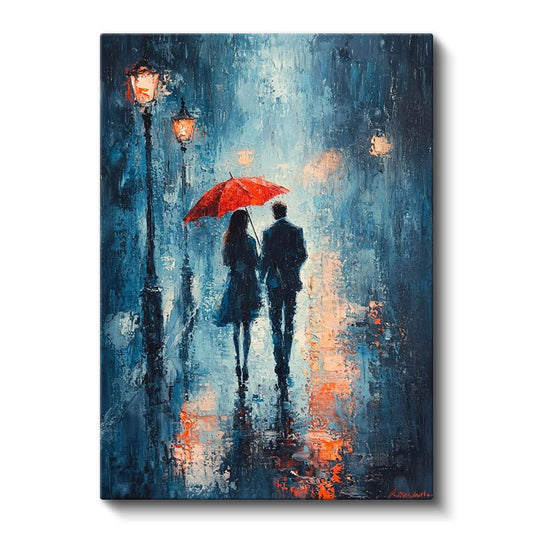 Kırmızı Şemsiye - Romantik Yağmurlu Gece Kanvas Tablo
