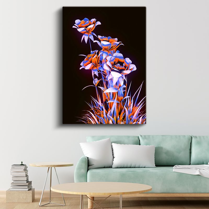 Neon Çiçekler - Turuncu Mavi Kontrast Dijital Sanat Kanvas Tablo