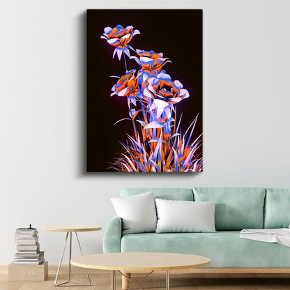 Neon Çiçekler - Turuncu Mavi Kontrast Dijital Sanat Kanvas Tablo