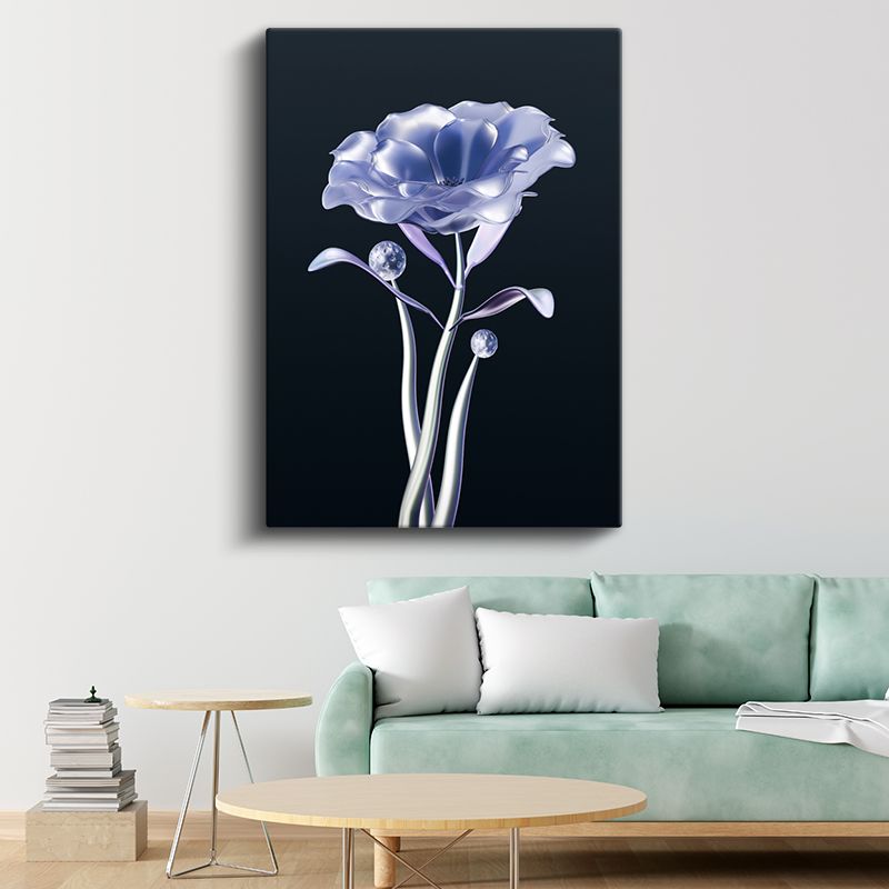 Metalik Çiçek - Zarif Gümüş Tonlarında Dijital Flora Kanvas Tablo