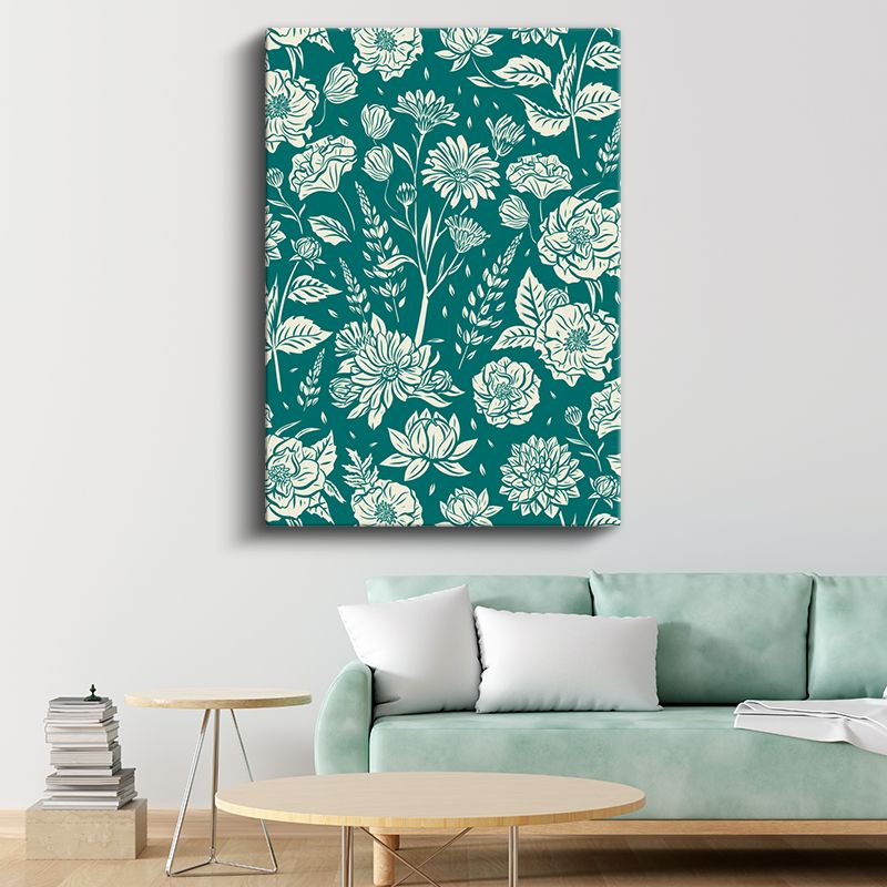 Çiçek Dansı - Turkuaz Zemin Botanik İllüstrasyon Kanvas Tablo