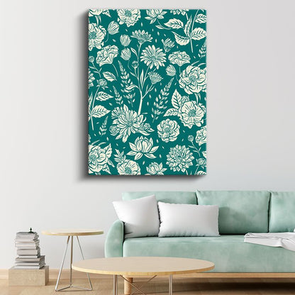 Çiçek Dansı - Turkuaz Zemin Botanik İllüstrasyon Kanvas Tablo