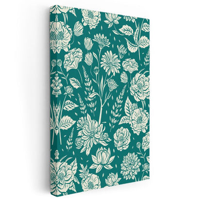 Çiçek Dansı - Turkuaz Zemin Botanik İllüstrasyon Kanvas Tablo