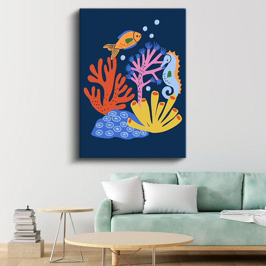 Deniz Canlıları - Renkli Vektörel Mercan Resifi Kanvas Tablo