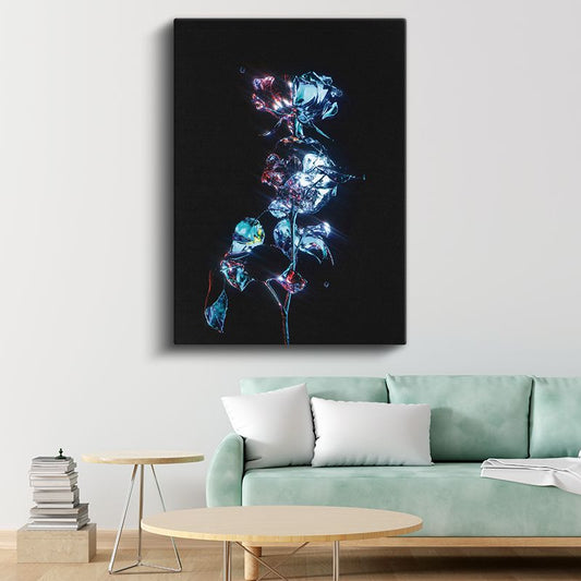 Kristal Çiçek - Karanlıkta Parlayan Mavi Işıltı Kanvas Tablo