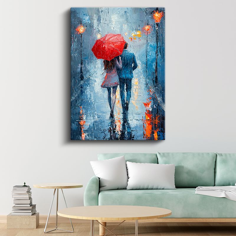 Romantik Yağmur - Kırmızı Şemsiyeli Soyut İzlenim Kanvas Tablo