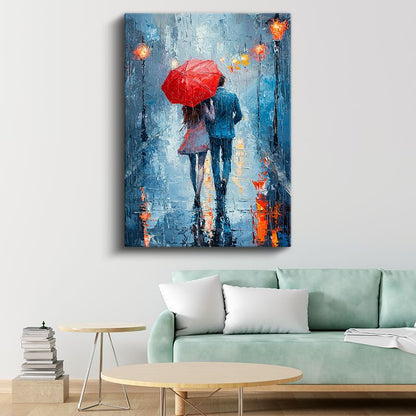 Romantik Yağmur - Kırmızı Şemsiyeli Soyut İzlenim Kanvas Tablo