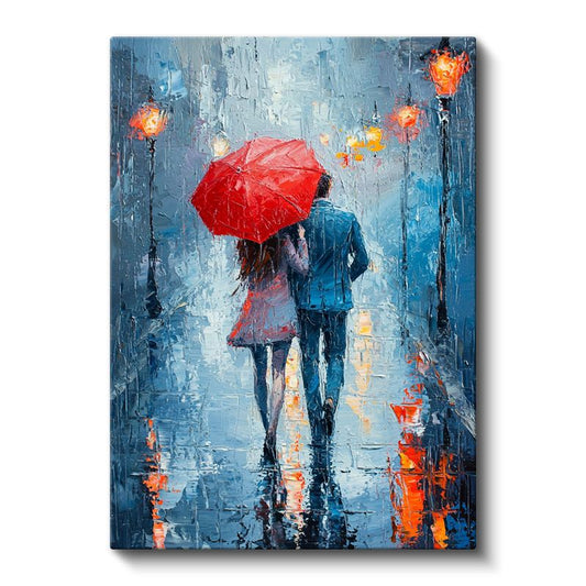 Romantik Yağmur - Kırmızı Şemsiyeli Soyut İzlenim Kanvas Tablo