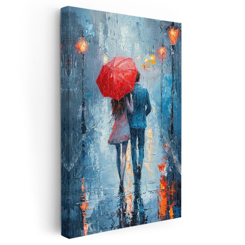 Romantik Yağmur - Kırmızı Şemsiyeli Soyut İzlenim Kanvas Tablo