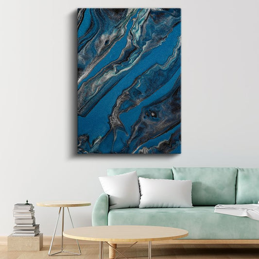 Mavi Akış - Gümüş Dalgalar Soyut Mermer Desen Kanvas Tablo