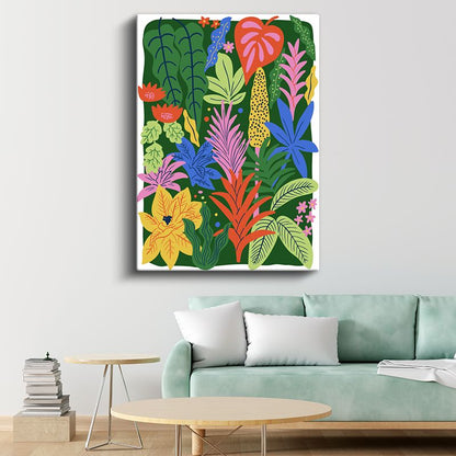 Tropikal Kolaj - Renkli Stilize Yapraklar ve Bitkiler Kanvas Tablo