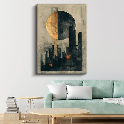 Kentsel Dualite - Altın Ay ve Gökdelenler Soyut Kanvas Tablo