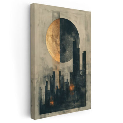 Kentsel Dualite - Altın Ay ve Gökdelenler Soyut Kanvas Tablo