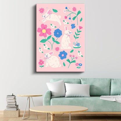 Neşeli Tavşanlar - Pembe Çiçekli Bahçe İllüstrasyon Kanvas Tablo