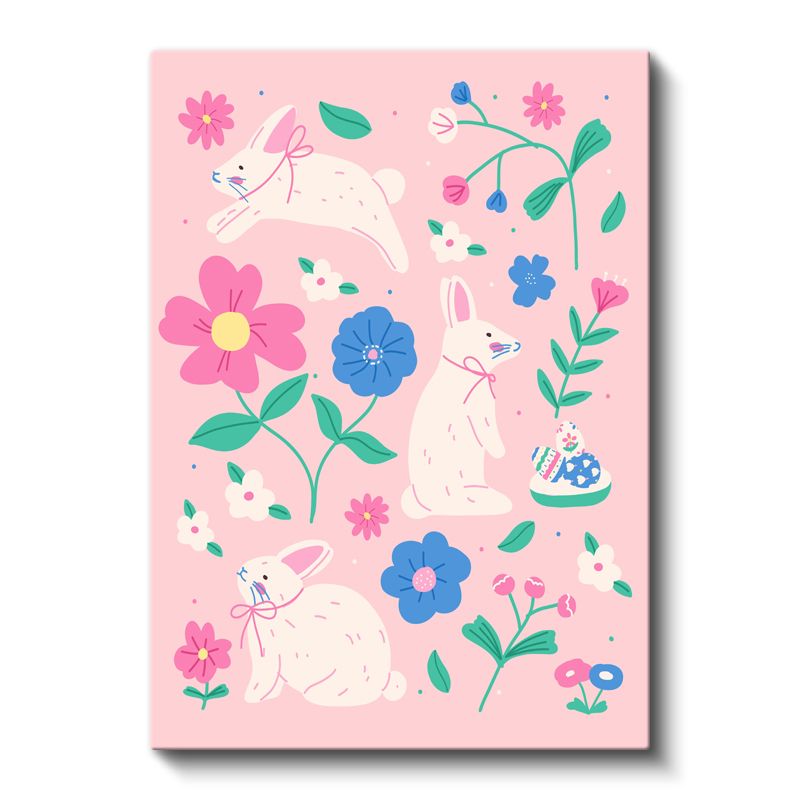 Neşeli Tavşanlar - Pembe Çiçekli Bahçe İllüstrasyon Kanvas Tablo