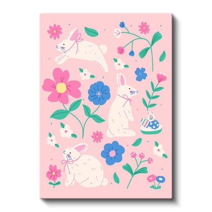 Neşeli Tavşanlar - Pembe Çiçekli Bahçe İllüstrasyon Kanvas Tablo