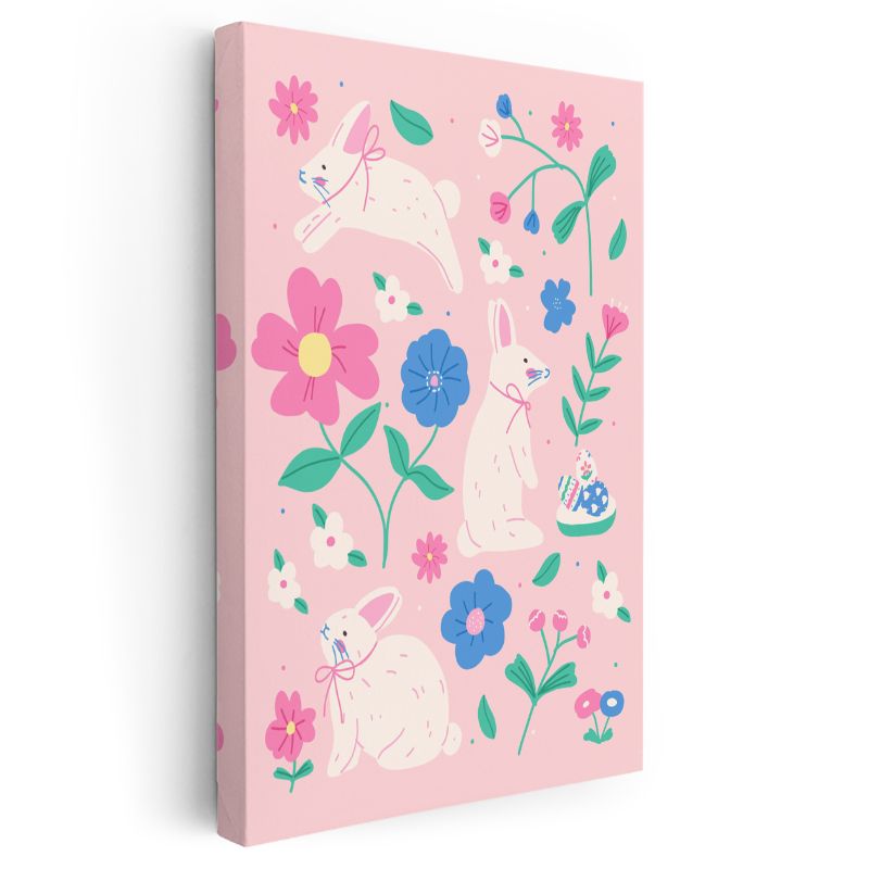 Neşeli Tavşanlar - Pembe Çiçekli Bahçe İllüstrasyon Kanvas Tablo