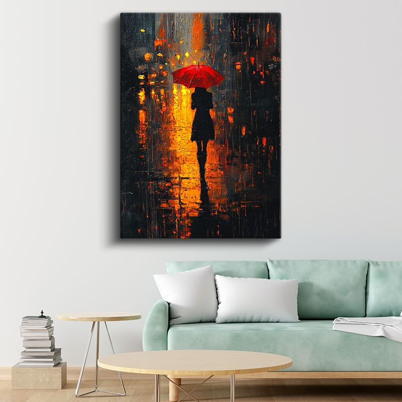 Kırmızı Şemsiye - Gece Işıklarında Yalnız Silüet Kanvas Tablo