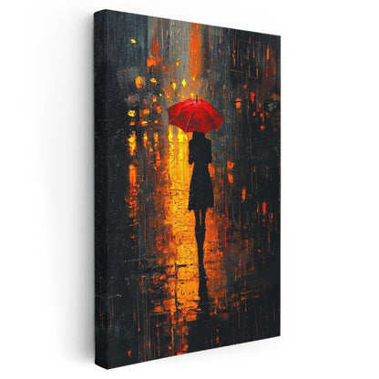 Kırmızı Şemsiye - Gece Işıklarında Yalnız Silüet Kanvas Tablo