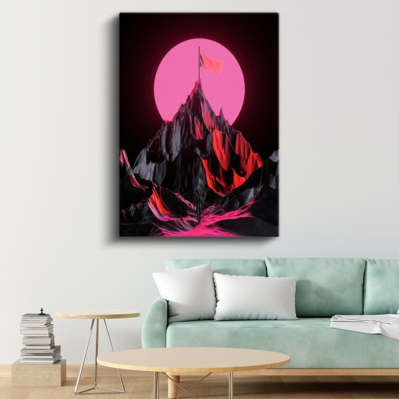 Pembe Zirve - Neon Dağ Silüeti Kanvas Tablo