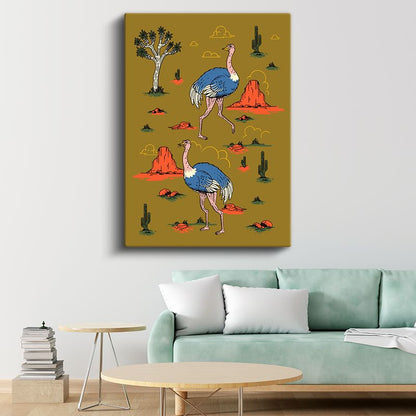 Çöl Devekuşları - Hardal Sarısı Vahşi Doğa Kanvas Tablo