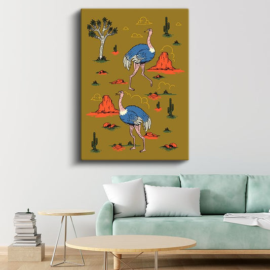 Çöl Devekuşları - Hardal Sarısı Vahşi Doğa Kanvas Tablo