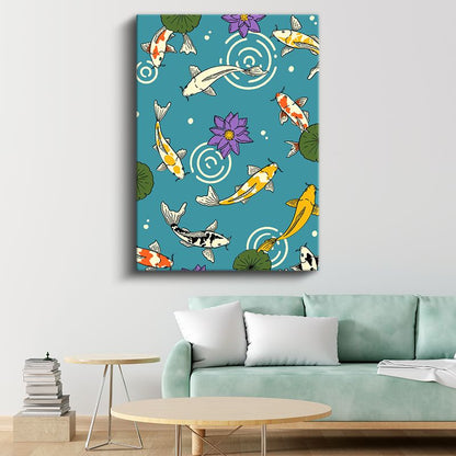 Japon Koi Balıkları - Turkuaz Nilüfer Gölü Kanvas Tablo