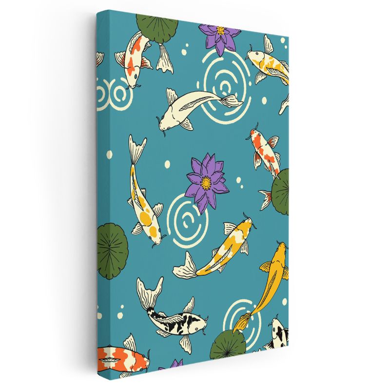 Japon Koi Balıkları - Turkuaz Nilüfer Gölü Kanvas Tablo