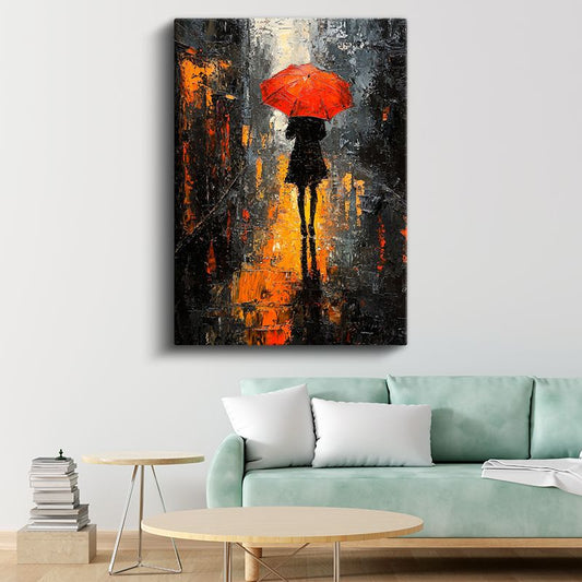 Kırmızı Şemsiye - Yağmurlu Sokak Silueti Kanvas Tablo
