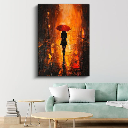 Turuncu Yalnızlık - Kırmızı Şemsiyeli Silüet Kanvas Tablo