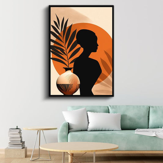 Minimalist Siluet - Turuncu Güneş ve Palmiye Yaprakları Kanvas Tablo