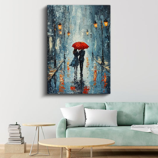Kırmızı Şemsiye - Romantik Yağmur Altında Buluşma Kanvas Tablo