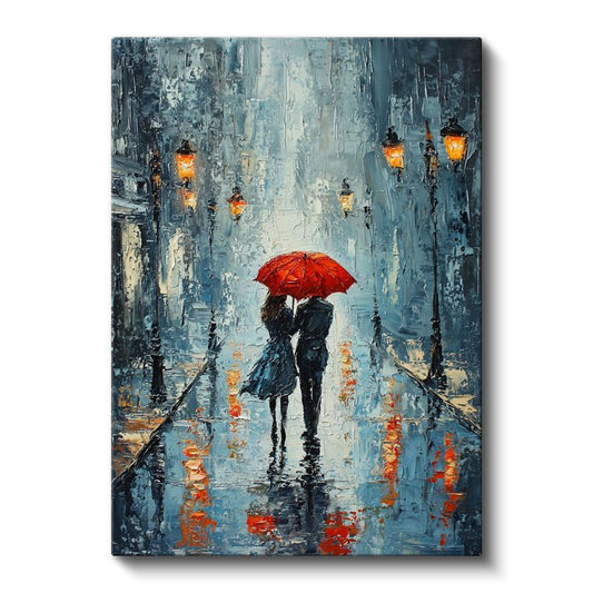 Kırmızı Şemsiye - Romantik Yağmur Altında Buluşma Kanvas Tablo
