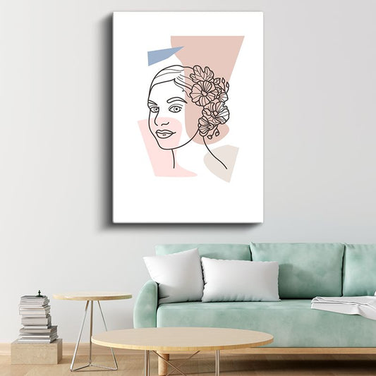 Çiçekli Portre - Minimalist Kadın Yüzü Kanvas Tablo