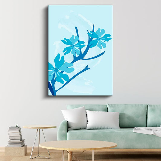 Mavi Çiçek Dalları - Turkuaz Tonlarında Estetik Bitki Siluetleri Kanvas Tablo