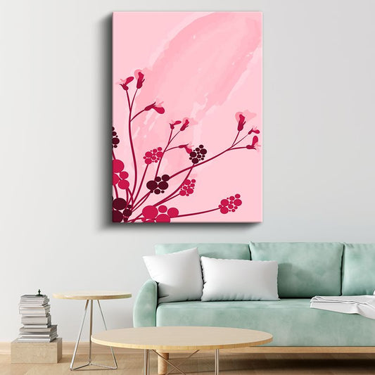 Pembe Tomurcuklar - Kırmızı Tonlarında Zarif Bitki Dalları Kanvas Tablo