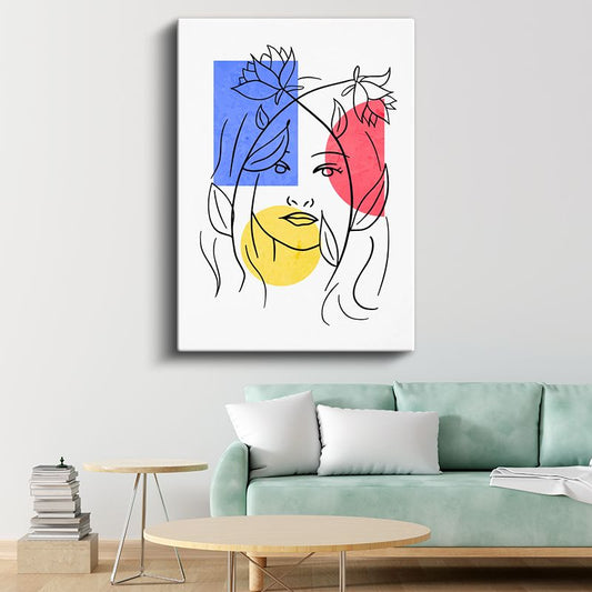 Renkli Geometri - Çiçeklerle Süslenmiş Minimalist Kadın Portresi Kanvas Tablo