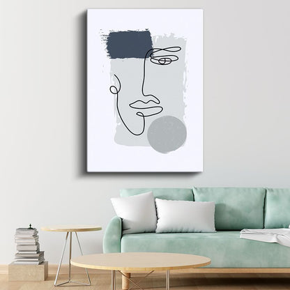 Tek Çizgi Portre - Gri Fon Üzerinde Minimalist Yüz Kanvas Tablo