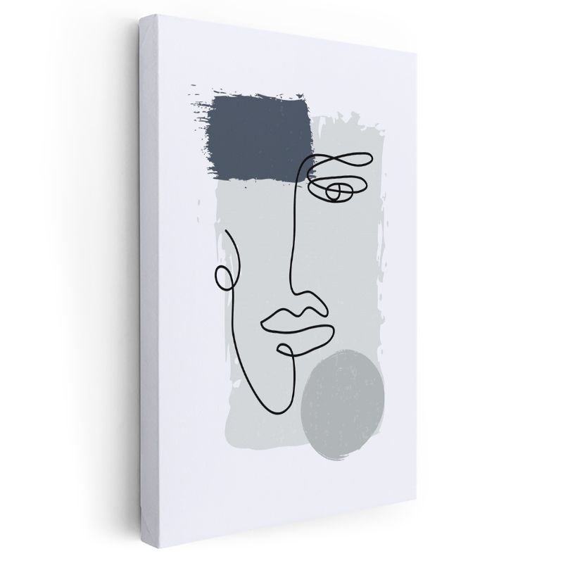 Tek Çizgi Portre - Gri Fon Üzerinde Minimalist Yüz Kanvas Tablo