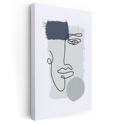 Tek Çizgi Portre - Gri Fon Üzerinde Minimalist Yüz Kanvas Tablo