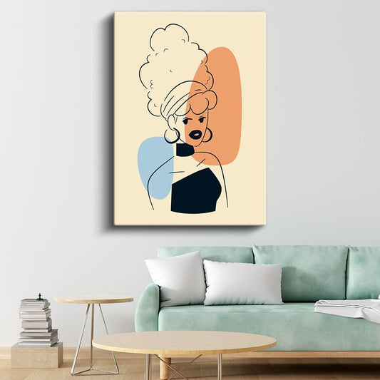 Vintage İllüstrasyon - Kontrast Renkli Topuz Saçlı Figür Kanvas Tablo