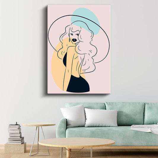 Şapkalı Siluet - Sarı Aksan Detaylı Minimalist Çizim Kanvas Tablo