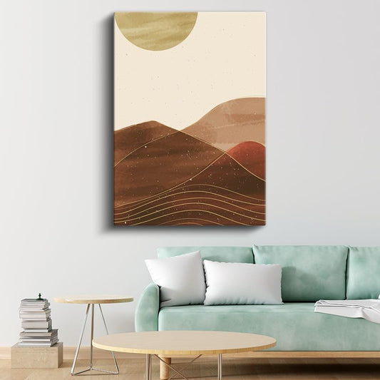 Altın Dağ Silueti - Geometrik Çizgili Manzara Kanvas Tablo