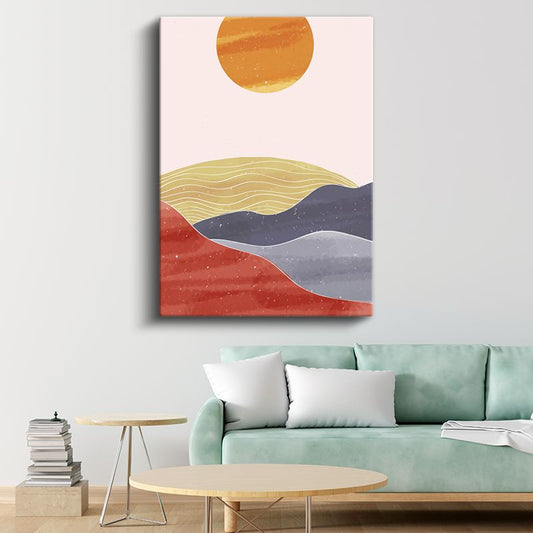 Turuncu Güneş Manzarası - Renkli Tepeler Minimalist Kanvas Tablo